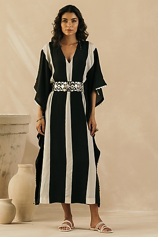 Ebony Black & Ivory Muslin Striped Kaftan by Sureena Chowdhri