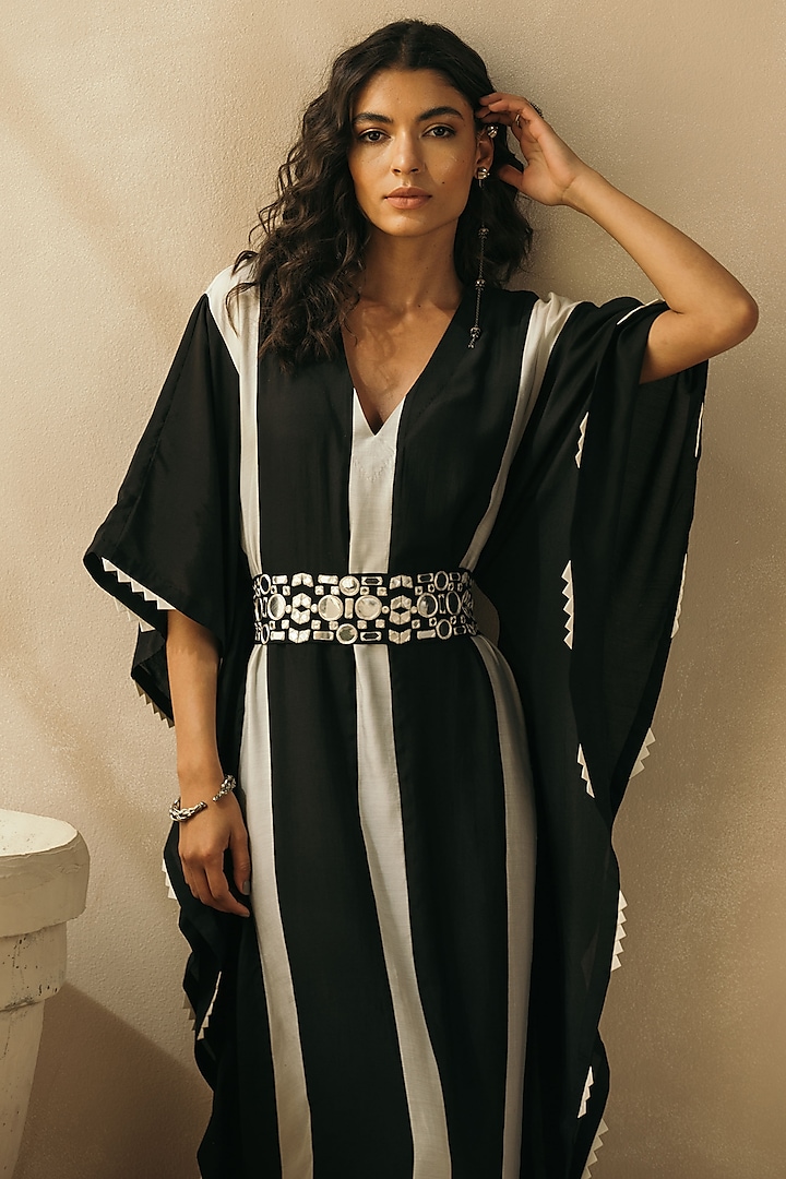 Ebony Black & Ivory Muslin Striped Kaftan by Sureena Chowdhri at Pernia's Pop Up Shop