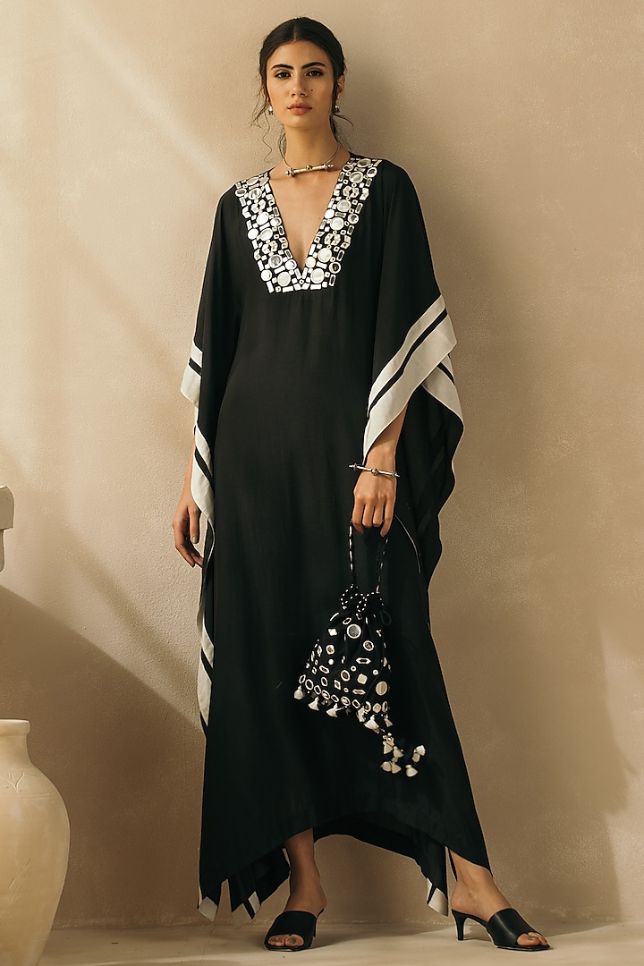 Midnight Black Muslin Embroidered Kaftan by Sureena Chowdhri