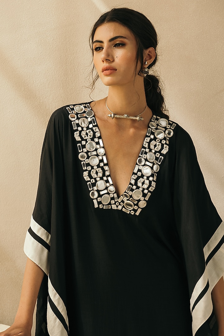 Midnight Black Muslin Embroidered Kaftan by Sureena Chowdhri at Pernia's Pop Up Shop