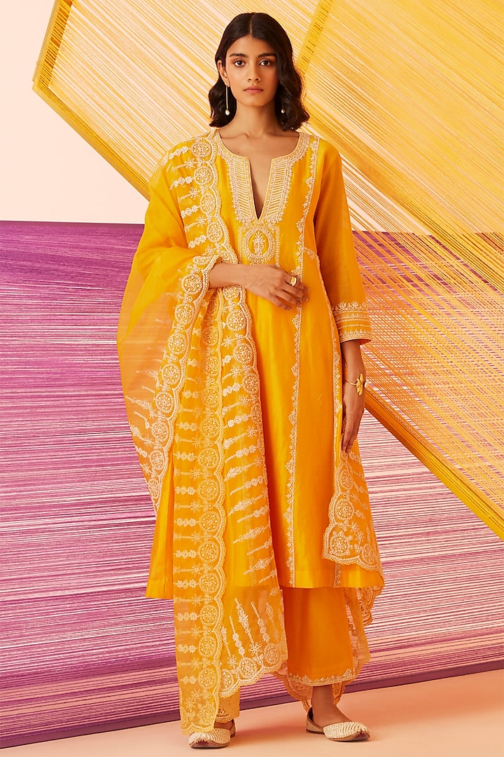 Dark Yellow Silk Chanderi Embroidered Kurta Set by Sureena Chowdhri