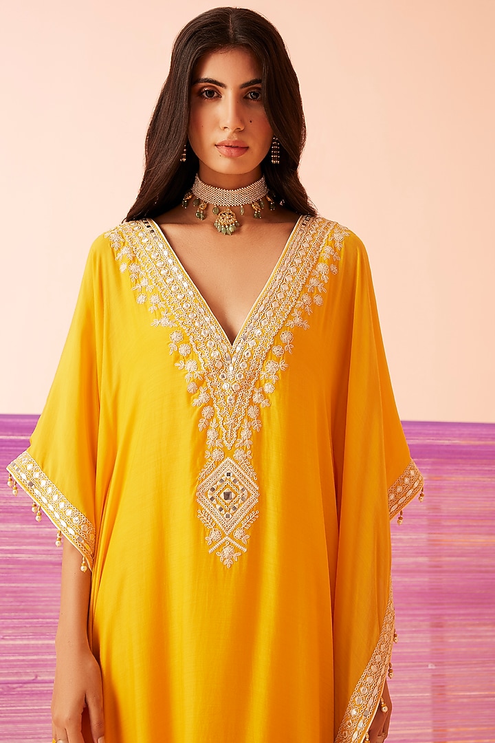 Yellow Muslin Embroidered Kaftan by Sureena Chowdhri at Pernia's Pop Up Shop