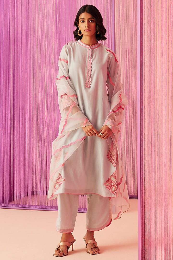 Ice Blue Silk Chanderi Kurta Set by Sureena Chowdhri at Pernia's Pop Up Shop