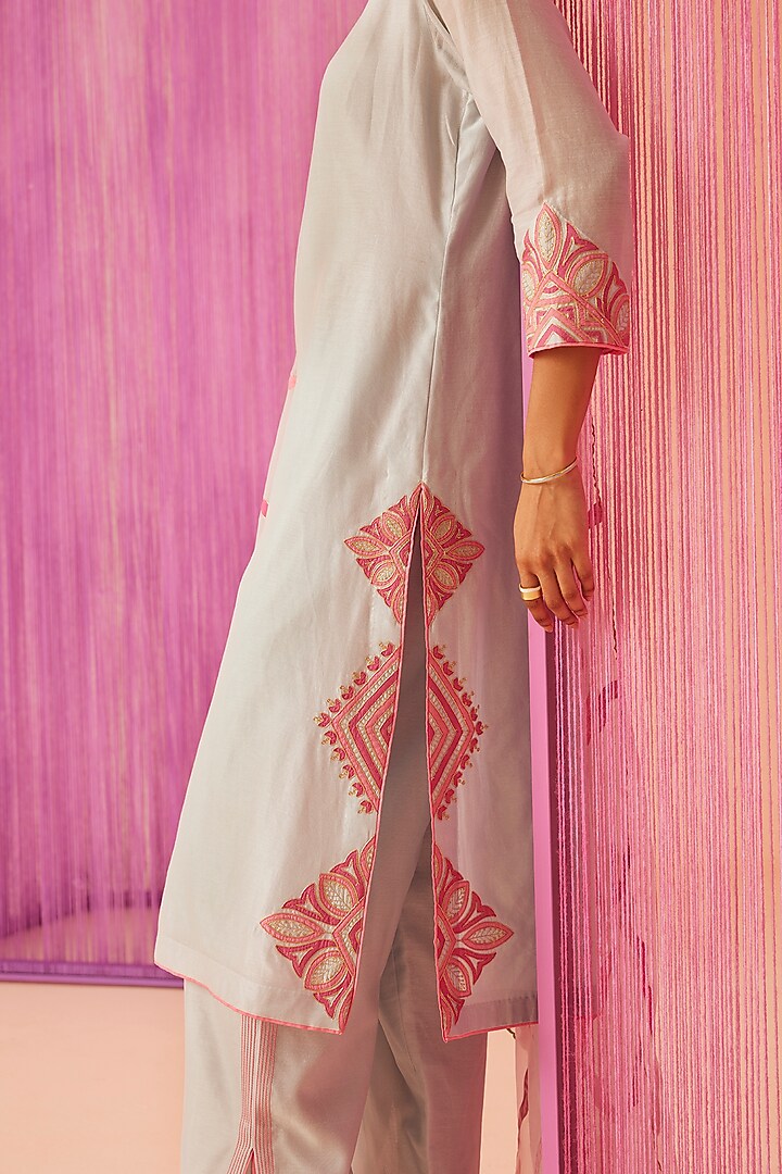 Ice Blue Silk Chanderi Kurta Set by Sureena Chowdhri at Pernia's Pop Up Shop