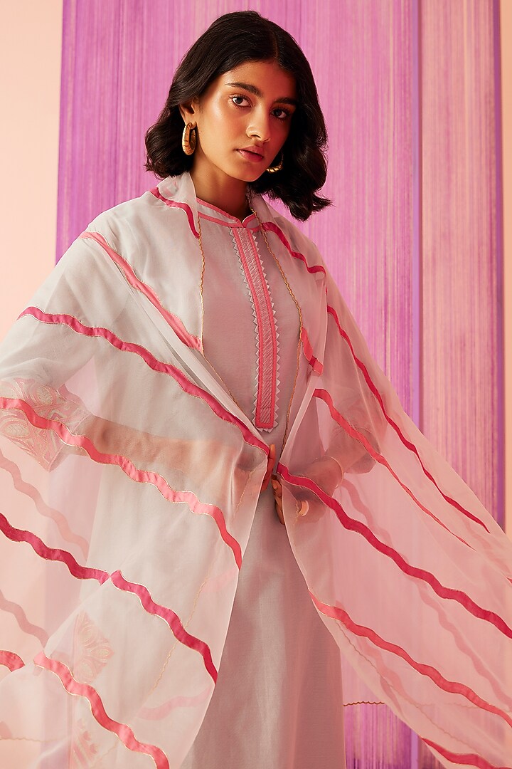 Ice Blue Silk Chanderi Kurta Set by Sureena Chowdhri at Pernia's Pop Up Shop