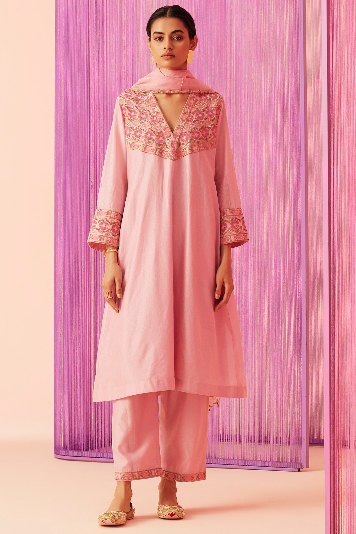 Rose Pink Silk Chanderi Embroidered Kurta Set by Sureena Chowdhri at ...