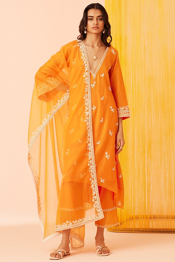 Orange Silk Chanderi Embroidered Kurta Set by Sureena Chowdhri