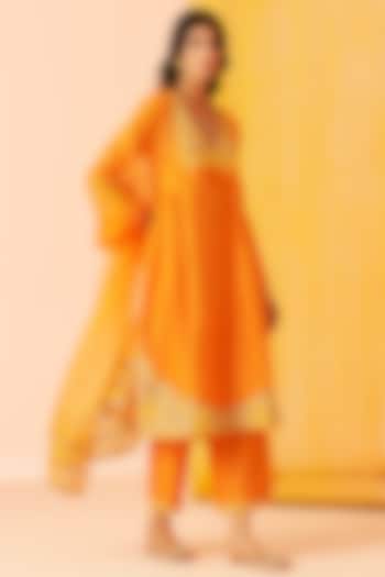Orange Silk Chanderi A-Line Kurta Set by Sureena Chowdhri