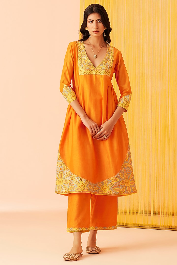 Orange Silk Chanderi A-Line Kurta Set by Sureena Chowdhri at Pernia's Pop Up Shop