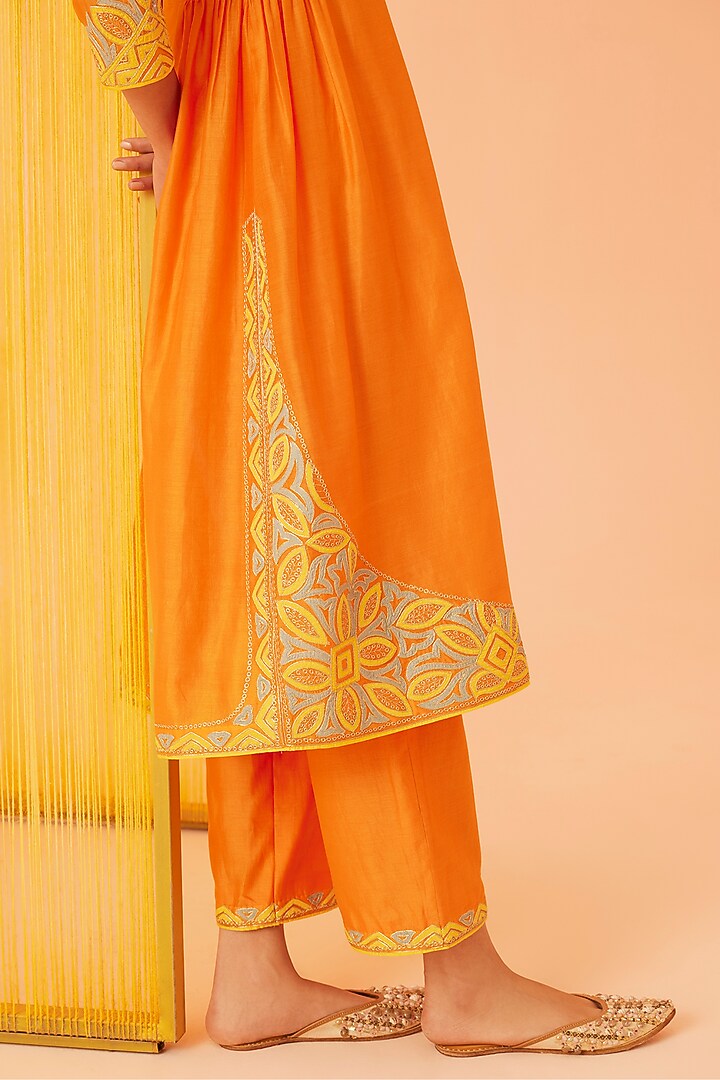 Orange Silk Chanderi A-Line Kurta Set by Sureena Chowdhri at Pernia's Pop Up Shop