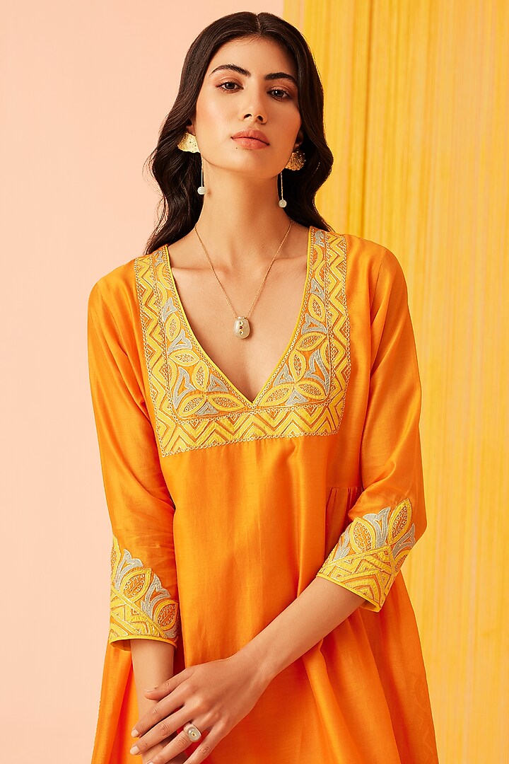 Orange Silk Chanderi A-Line Kurta Set by Sureena Chowdhri at Pernia's Pop Up Shop