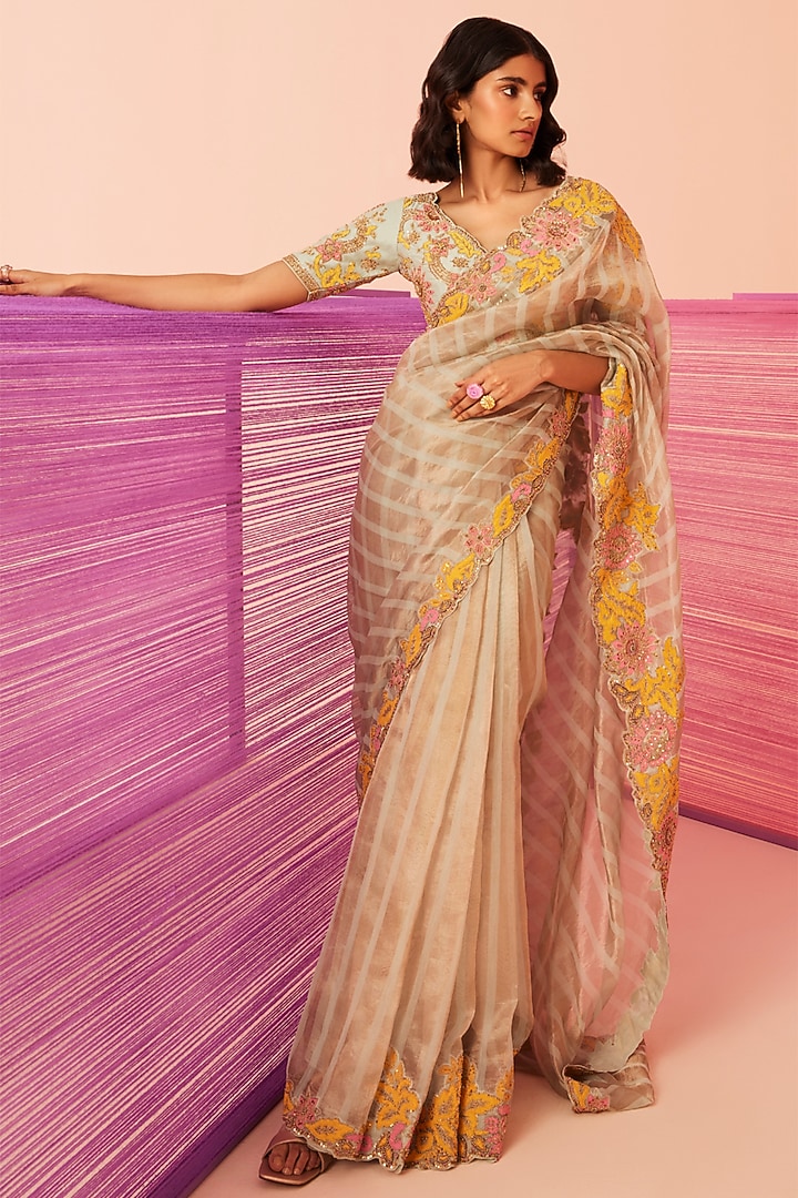 Sea Green Striped Tissue Silk Embroidered Wedding Saree Set by Sureena Chowdhri at Pernia's Pop Up Shop
