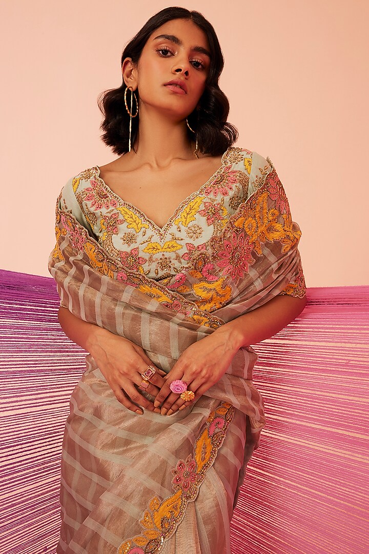 Sea Green Striped Tissue Silk Embroidered Wedding Saree Set by Sureena Chowdhri at Pernia's Pop Up Shop