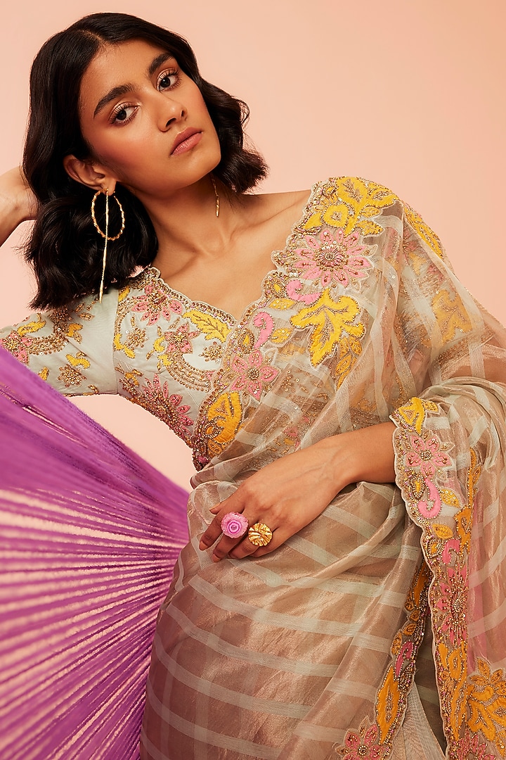 Sea Green Striped Tissue Silk Embroidered Wedding Saree Set by Sureena Chowdhri at Pernia's Pop Up Shop