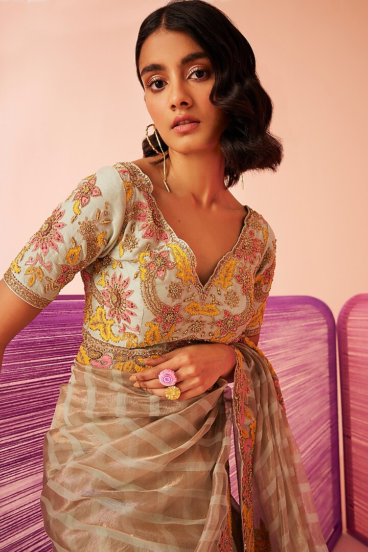 Sea Green Striped Tissue Silk Embroidered Wedding Saree Set by Sureena Chowdhri at Pernia's Pop Up Shop