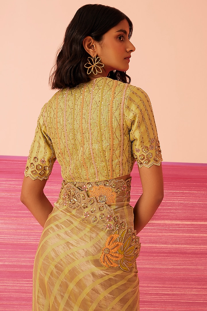 Pista Green Striped Tissue Silk Embroidered Wedding Saree Set by Sureena Chowdhri at Pernia's Pop Up Shop