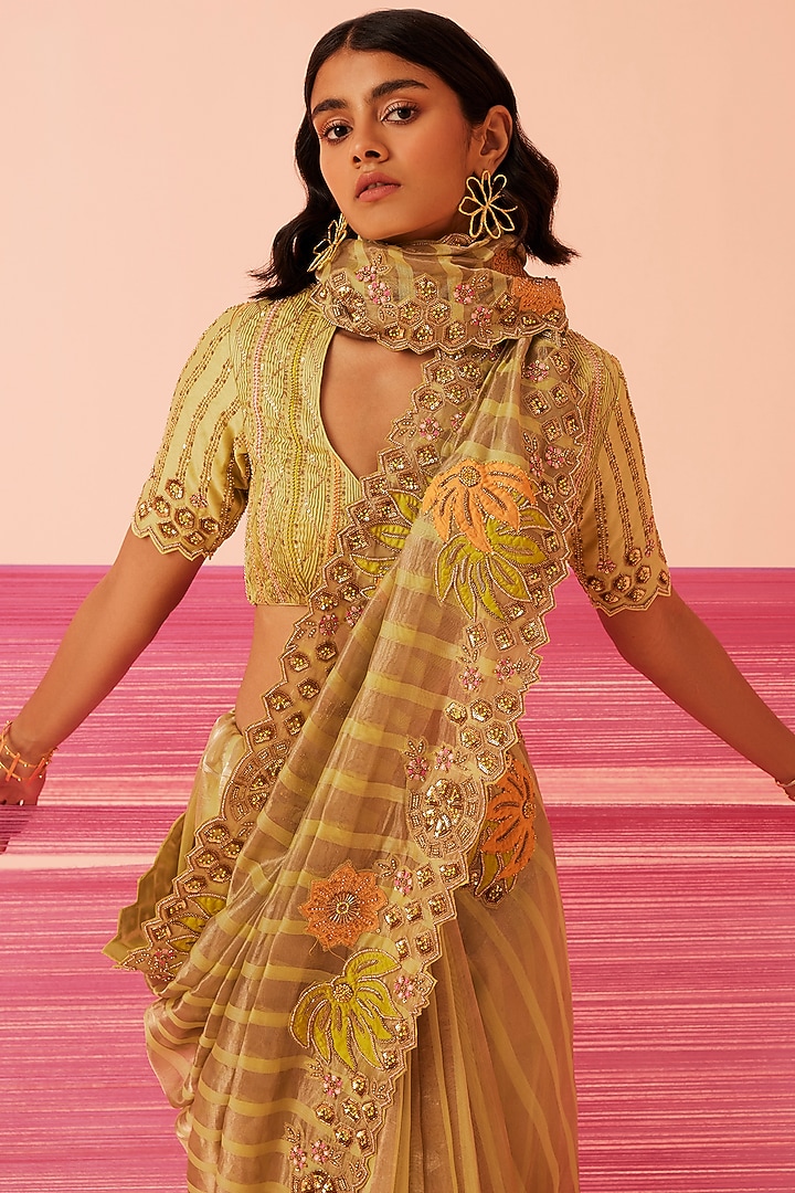 Pista Green Striped Tissue Silk Embroidered Wedding Saree Set by Sureena Chowdhri at Pernia's Pop Up Shop