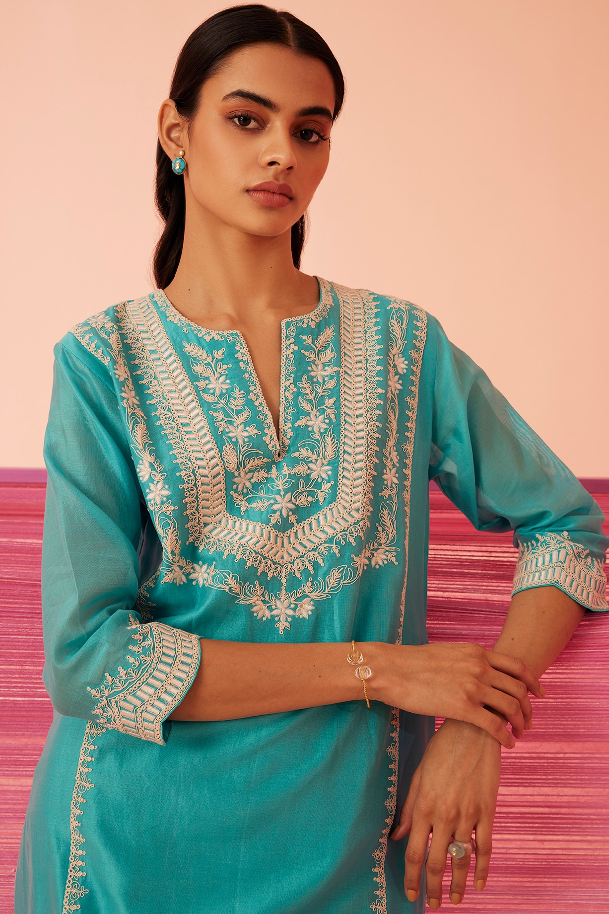 Ferozi Silk Chanderi Embroidered Kurta Set by Sureena Chowdhri at