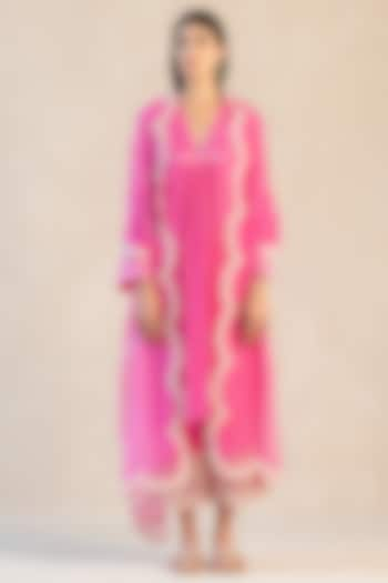 Fuchsia Pink Gauze Cotton Asymmetrical Kurta Set by Sureena Chowdhri at Pernia's Pop Up Shop