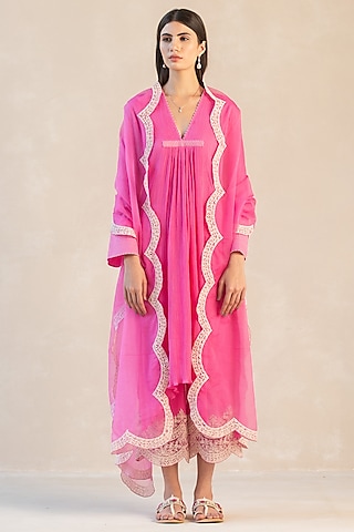 Fuchsia Pink Gauze Cotton Asymmetrical Kurta Set by Sureena Chowdhri