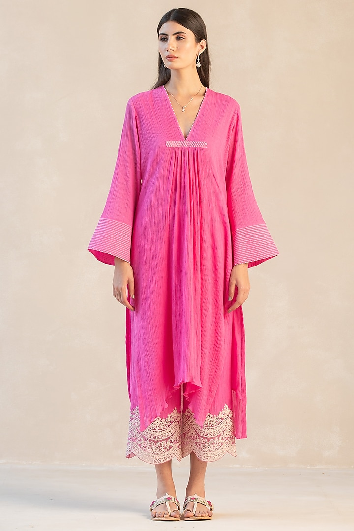 Fuchsia Pink Gauze Cotton Asymmetrical Kurta Set by Sureena Chowdhri at Pernia's Pop Up Shop