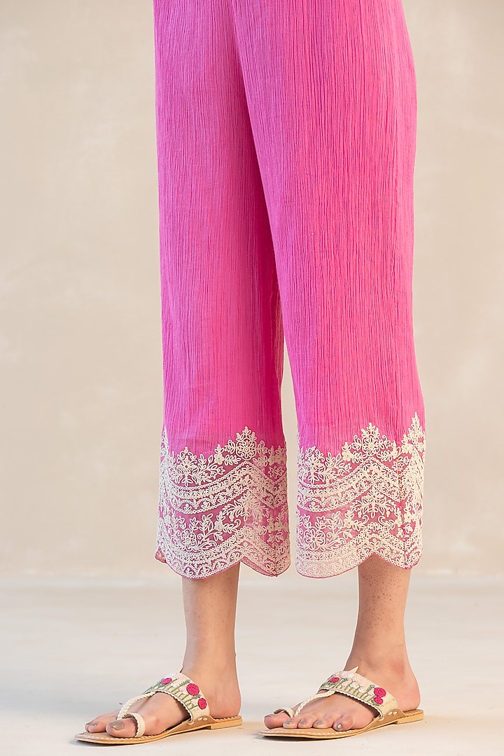 Fuchsia Pink Gauze Cotton Asymmetrical Kurta Set by Sureena Chowdhri at Pernia's Pop Up Shop