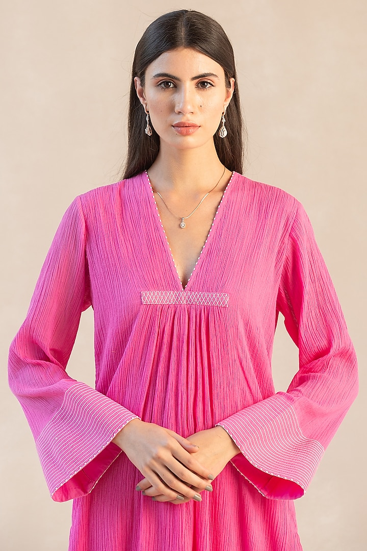 Fuchsia Pink Gauze Cotton Asymmetrical Kurta Set by Sureena Chowdhri at Pernia's Pop Up Shop