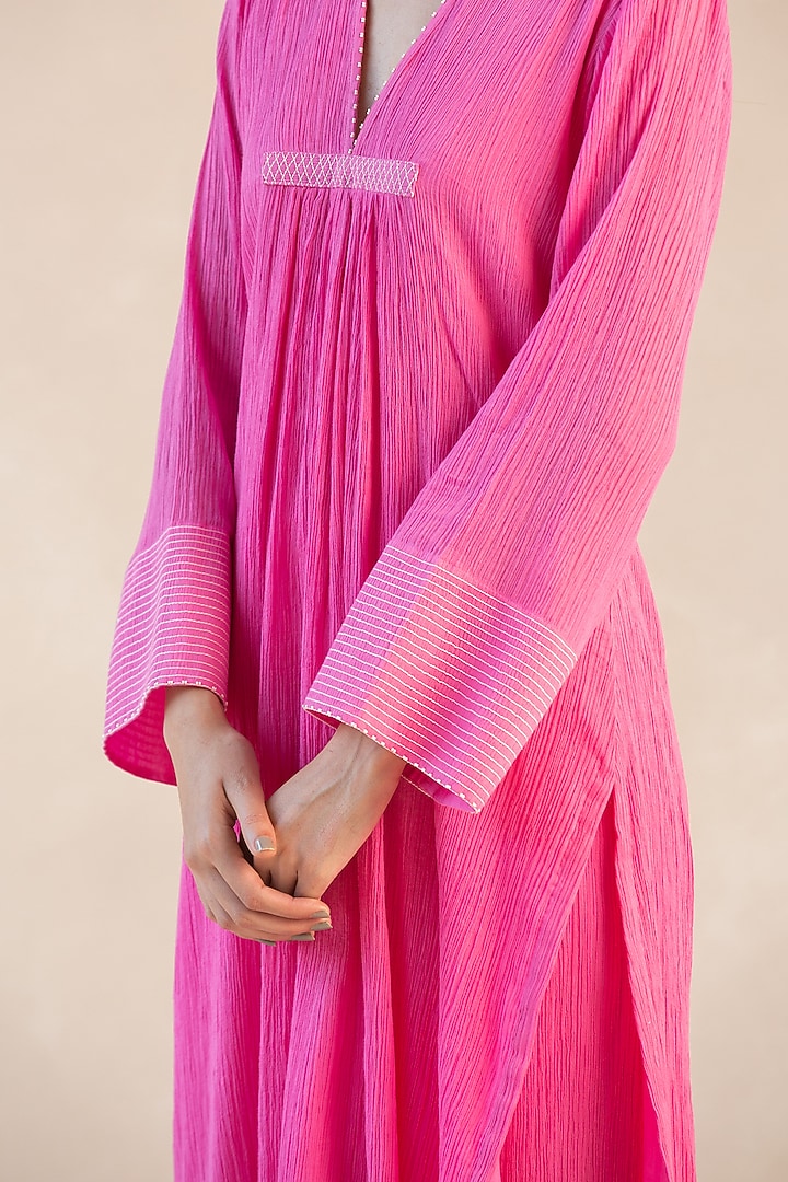 Fuchsia Pink Gauze Cotton Asymmetrical Kurta Set by Sureena Chowdhri at Pernia's Pop Up Shop