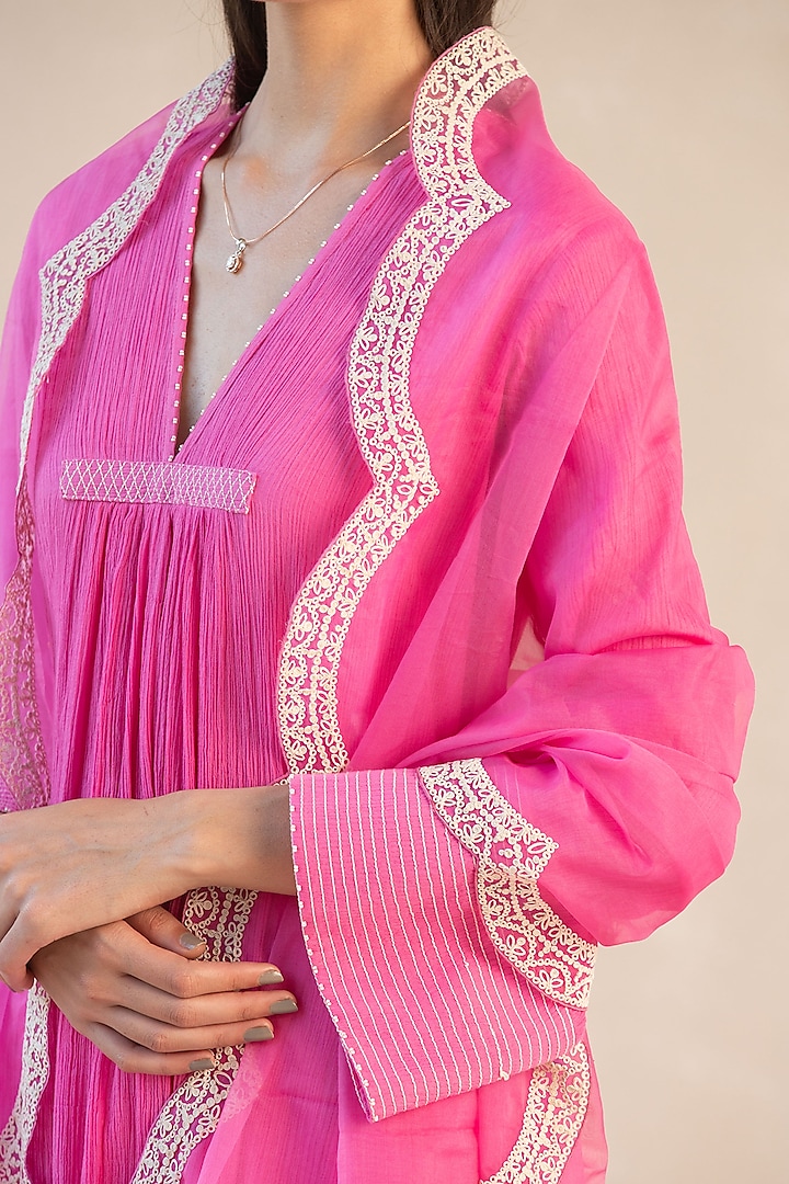 Fuchsia Pink Gauze Cotton Asymmetrical Kurta Set by Sureena Chowdhri at Pernia's Pop Up Shop