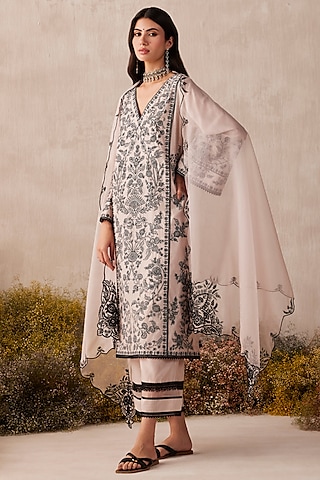 Nude Beige Silk Chanderi Thread Work Kurta Set by Sureena Chowdhri