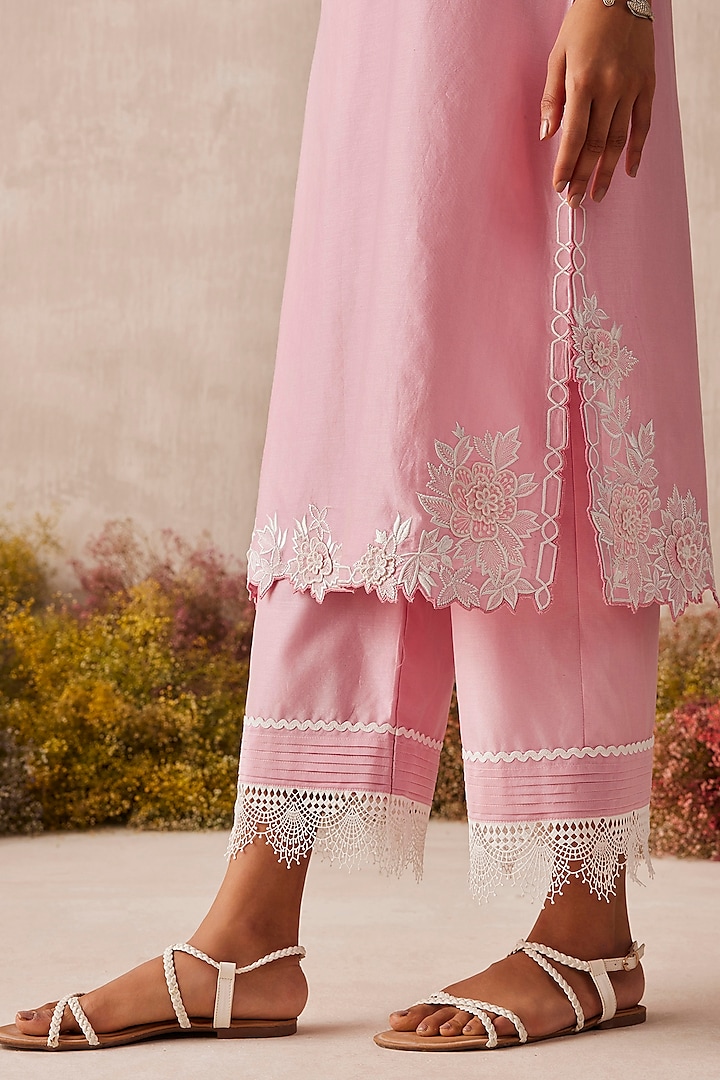 Rose Pink Silk Chanderi 3D Floral Patch Work Kurta Set by Sureena Chowdhri at Pernia's Pop Up Shop