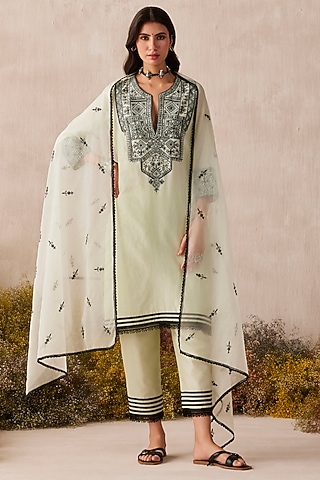 Lime Green Silk Chanderi Thread Work Kurta Set by Sureena Chowdhri