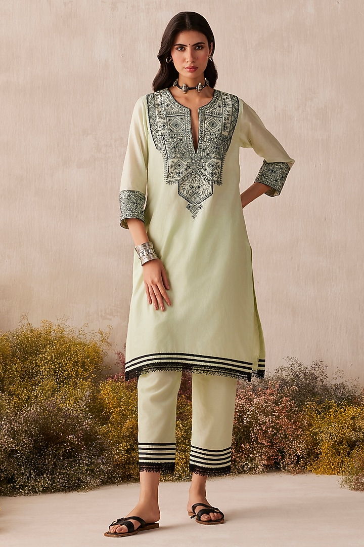 Lime Green Silk Chanderi Thread Work Kurta Set by Sureena Chowdhri at Pernia's Pop Up Shop