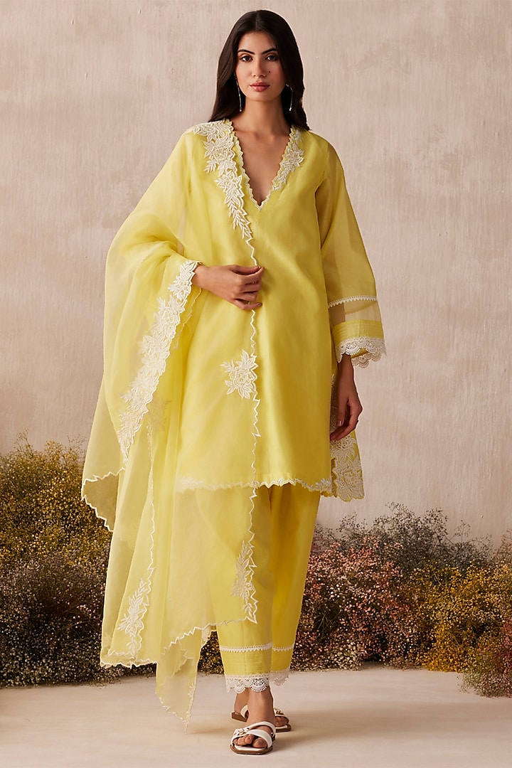 Lime Yellow Silk Chanderi 3D Floral Patch Work Kurta Set by Sureena Chowdhri at Pernia's Pop Up Shop