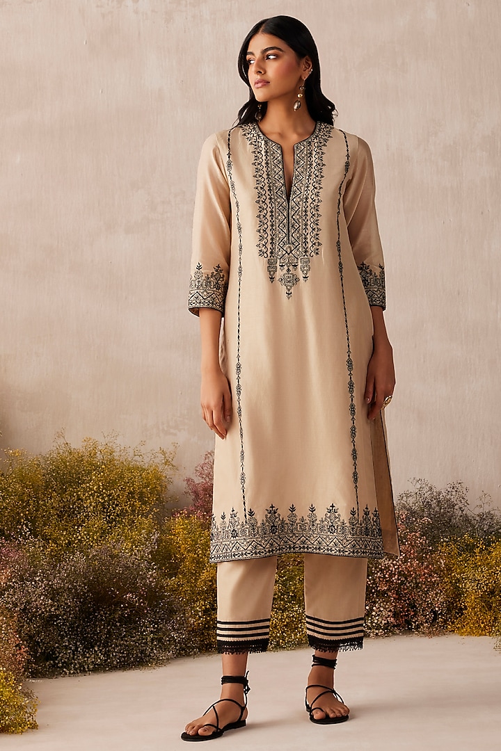 Dark Beige Silk Chanderi Thread Work Kurta Set by Sureena Chowdhri at Pernia's Pop Up Shop