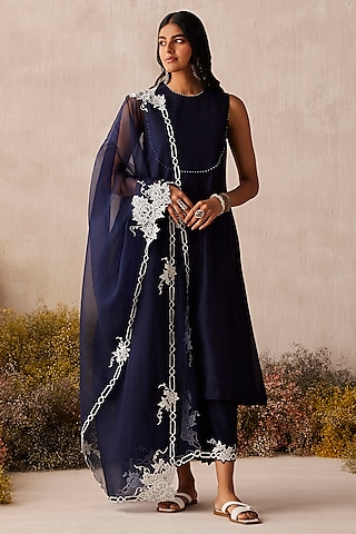 Navy Blue Silk Chanderi Pearl Work Kurta Set by Sureena Chowdhri