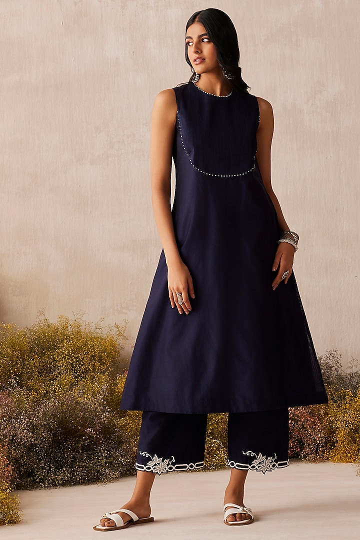 Navy Blue Silk Chanderi Pearl Work Kurta Set by Sureena Chowdhri at Pernia's Pop Up Shop