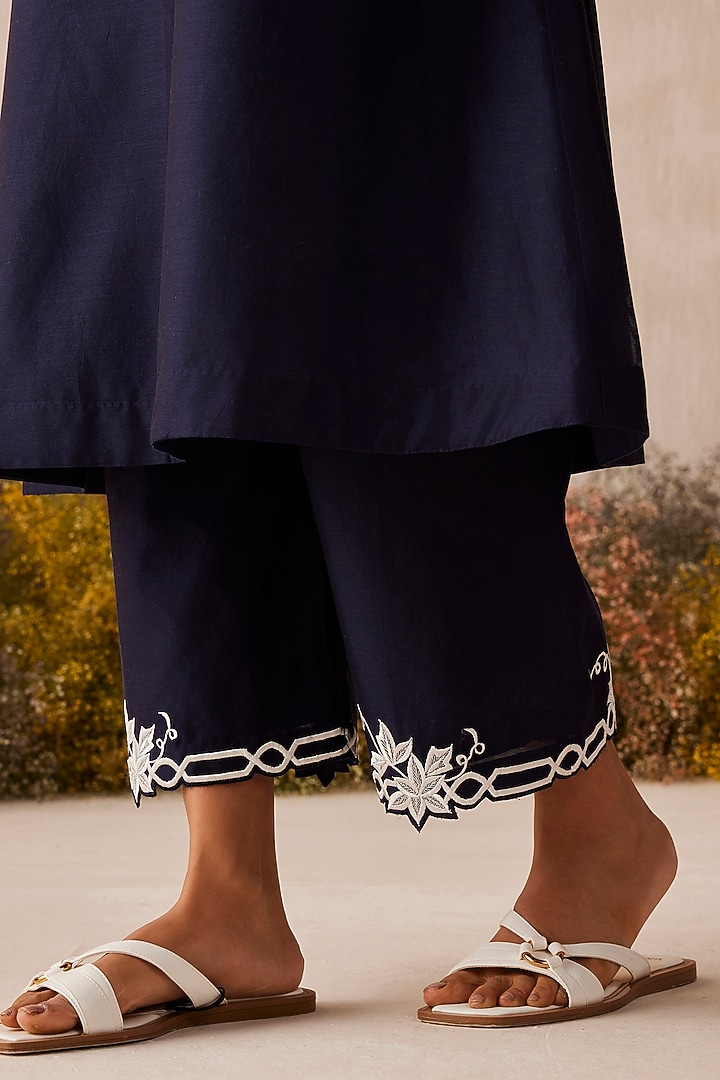Navy Blue Silk Chanderi Pearl Work Kurta Set by Sureena Chowdhri at Pernia's Pop Up Shop