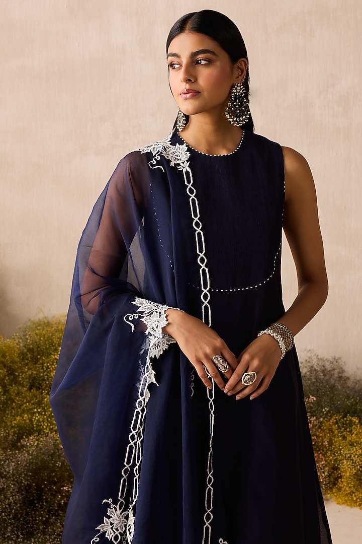 Navy Blue Silk Chanderi Pearl Work Kurta Set by Sureena Chowdhri at Pernia's Pop Up Shop