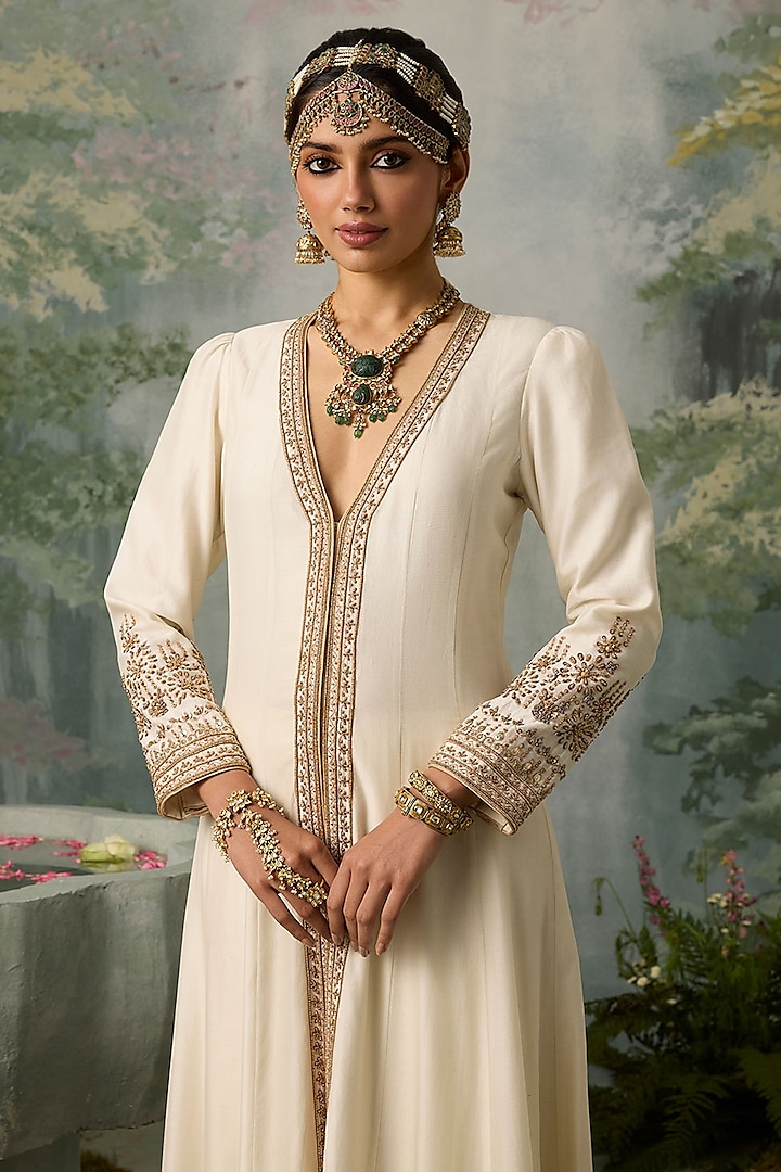 Ivory Silk Chanderi Zardosi Embroidered Wedding Anarkali Set by Sureena Chowdhri at Pernia's Pop Up Shop
