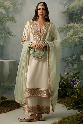 Ivory Silk Chanderi Zardosi Hand Embroidered Kurta Set by Sureena Chowdhri