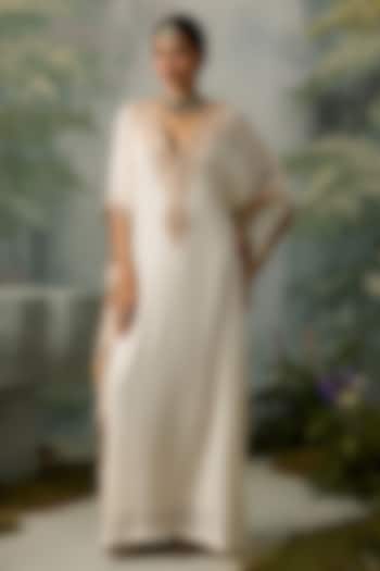 Ivory Muslin Embroidered Kaftan by Sureena Chowdhri at Pernia's Pop Up Shop