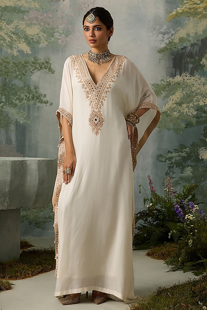 Ivory Muslin Embroidered Kaftan by Sureena Chowdhri at Pernia's Pop Up Shop
