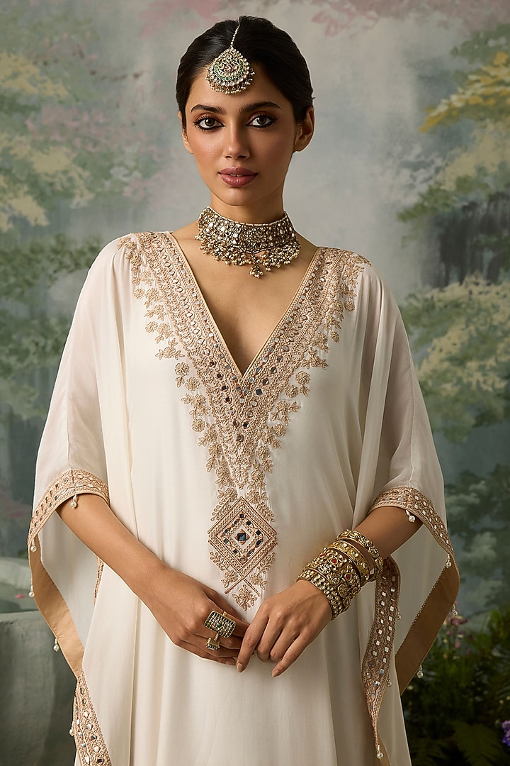 Ivory Muslin Embroidered Kaftan by Sureena Chowdhri at Pernia's Pop Up Shop