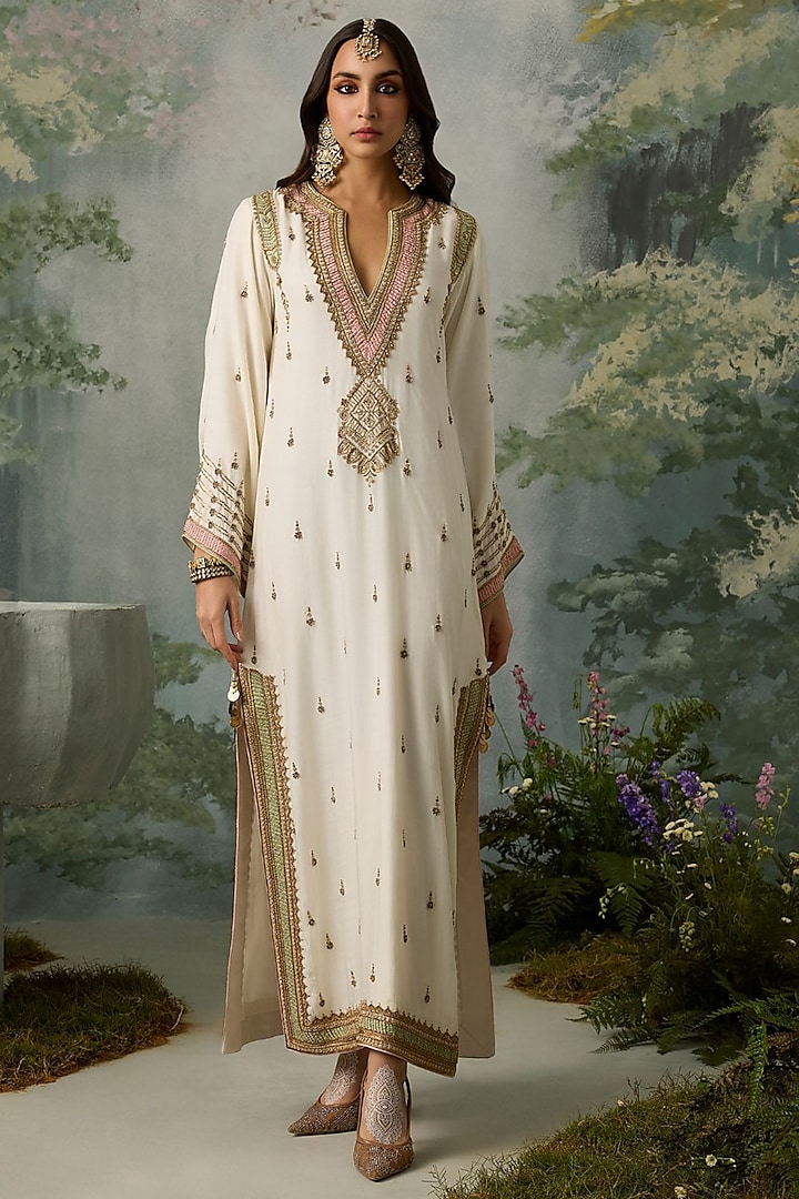 Ivory Muslin Embroidered Kaftan by Sureena Chowdhri at Pernia's Pop Up Shop