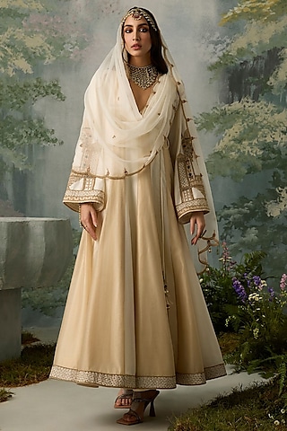 Ivory & Dark Beige Silk Chanderi Embroidered Angrakha Set by Sureena Chowdhri