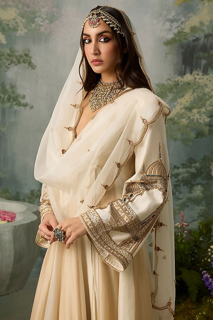 Ivory & Dark Beige Silk Chanderi Embroidered Angrakha Set by Sureena Chowdhri at Pernia's Pop Up Shop