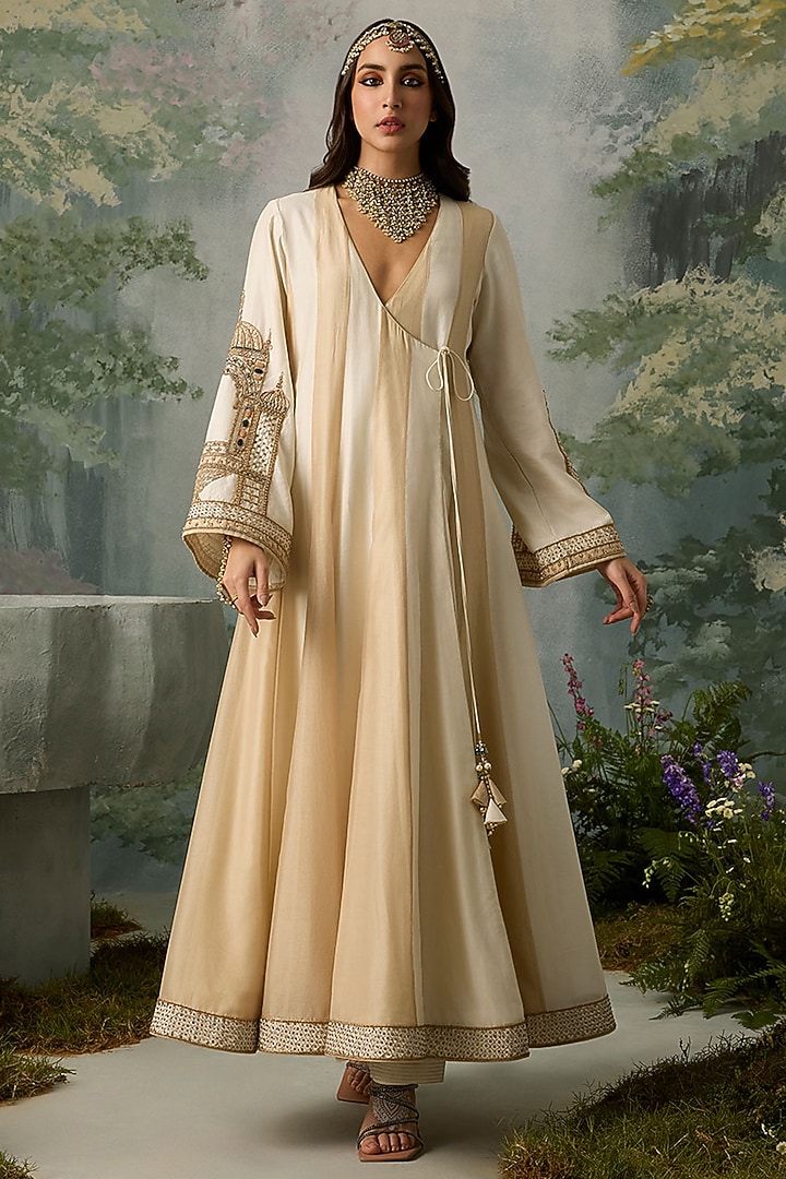 Ivory & Dark Beige Silk Chanderi Embroidered Angrakha Set by Sureena Chowdhri at Pernia's Pop Up Shop