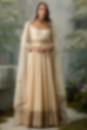 Ivory & Dark Beige Silk Chanderi Zardosi Embroidered Bridal Anarkali Set by Sureena Chowdhri at Pernia's Pop Up Shop