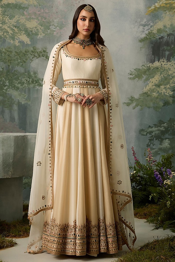 Ivory & Dark Beige Silk Chanderi Zardosi Embroidered Bridal Anarkali Set by Sureena Chowdhri at Pernia's Pop Up Shop